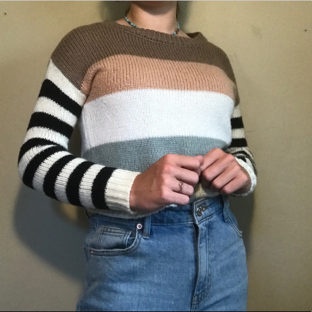 Blue, pink, and black striped sweater